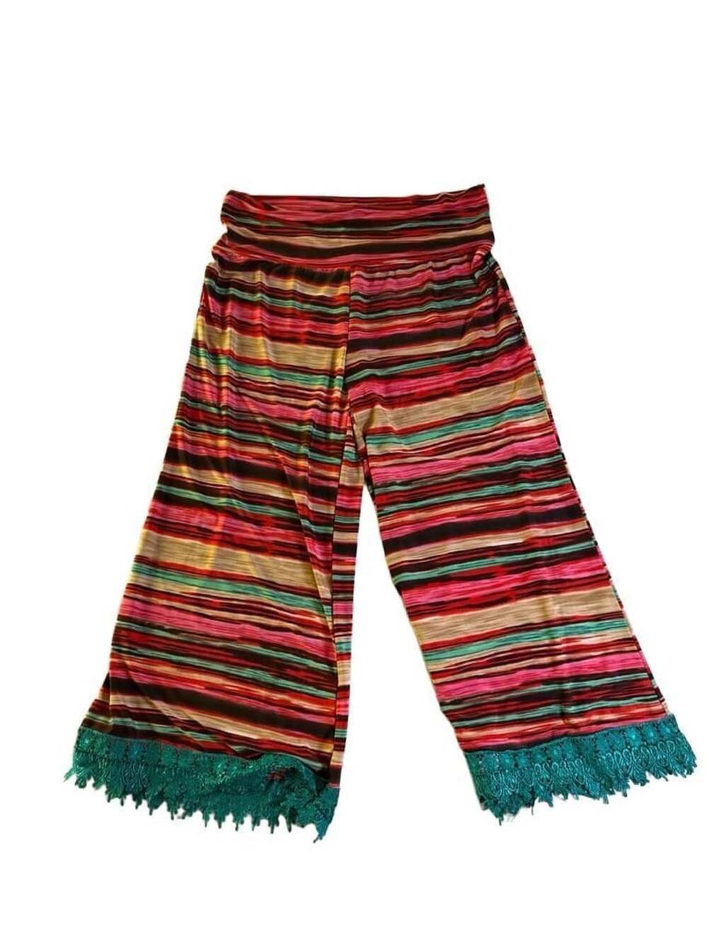 Crazy Train Multicolor Striped Palazzo Pants With Teal Lace Trim